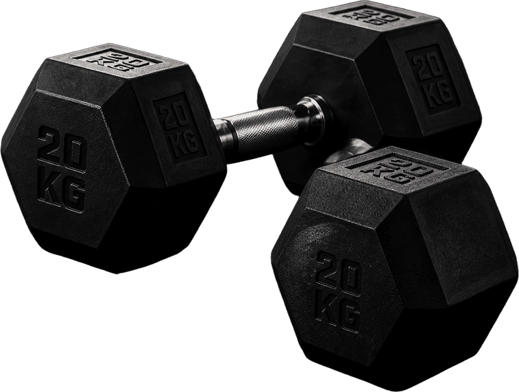 Twee rubber hex dumbbells op een donkere trainingsvloer