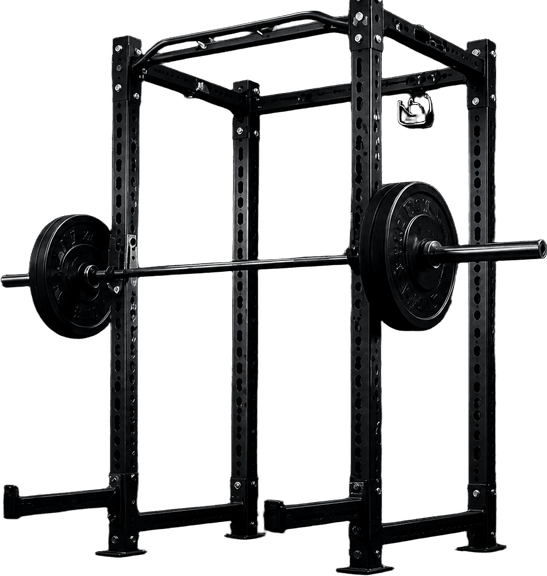 Zwart power rack met geladen halterstang