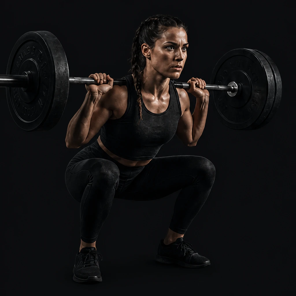 Vrouw die een zware backsquat uitvoert in haar thuisgym